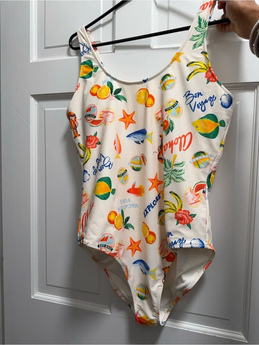 Old Navy Cream One-Piece Swimsuit with Tropical Fruit & Sea Motifs